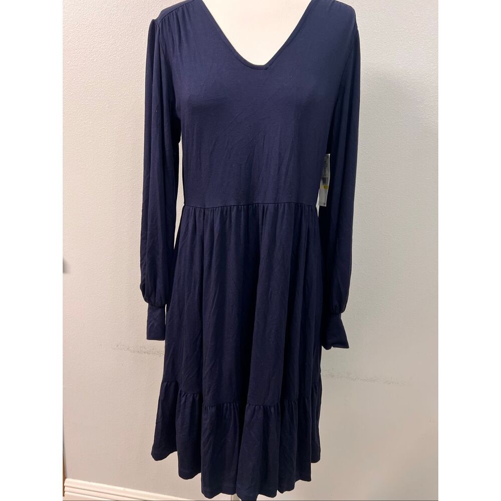 NWT Karen Kane V-Neck Tiered Long Sleeve Fit & Flare Dress Navy Blue Medium